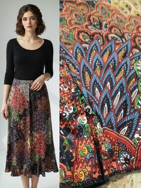 Y2K multi-peacock pattern stretch midi skirt - Miss Ashley brand